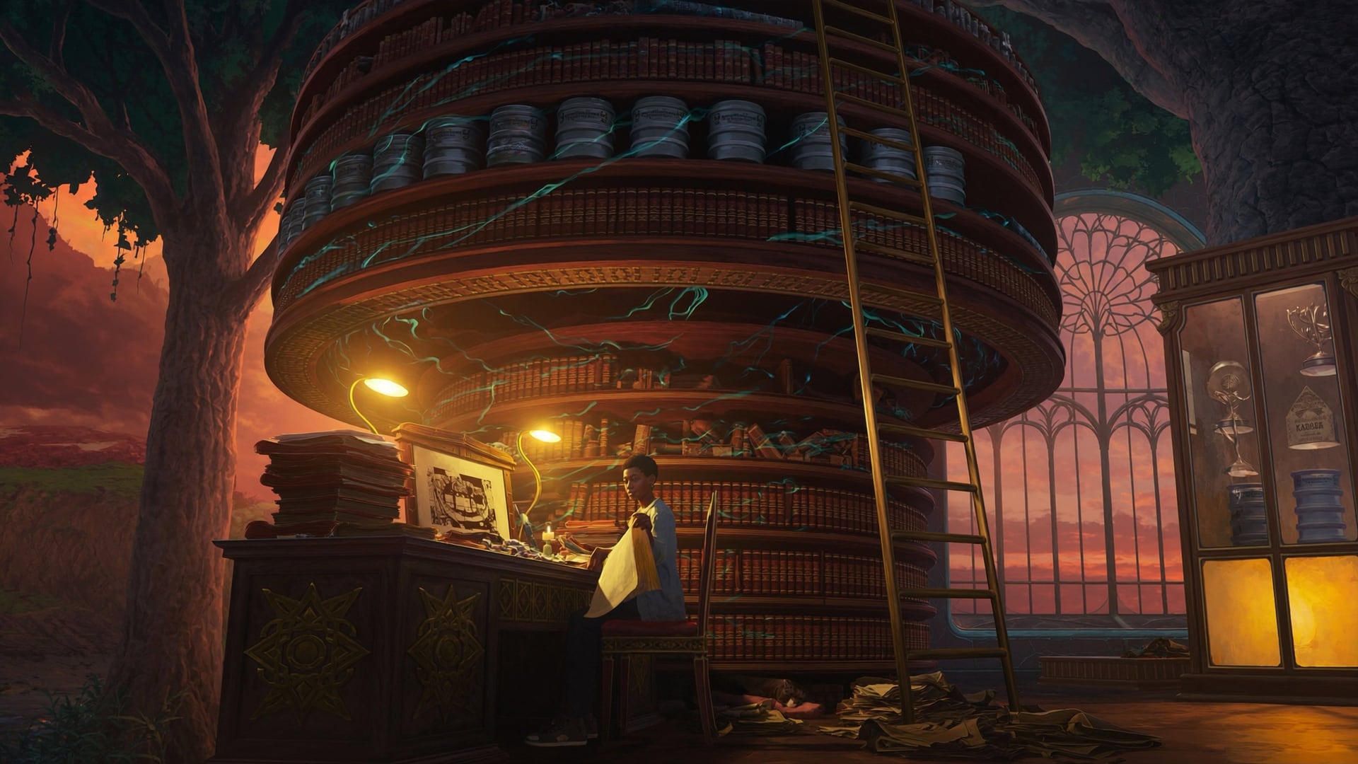 The interior of a library inside the Tree, with a tall drum of curved bookshelves stacked with film cans, a rolling ladder, a lit reading desk and an arched window onto a red dusk sky.