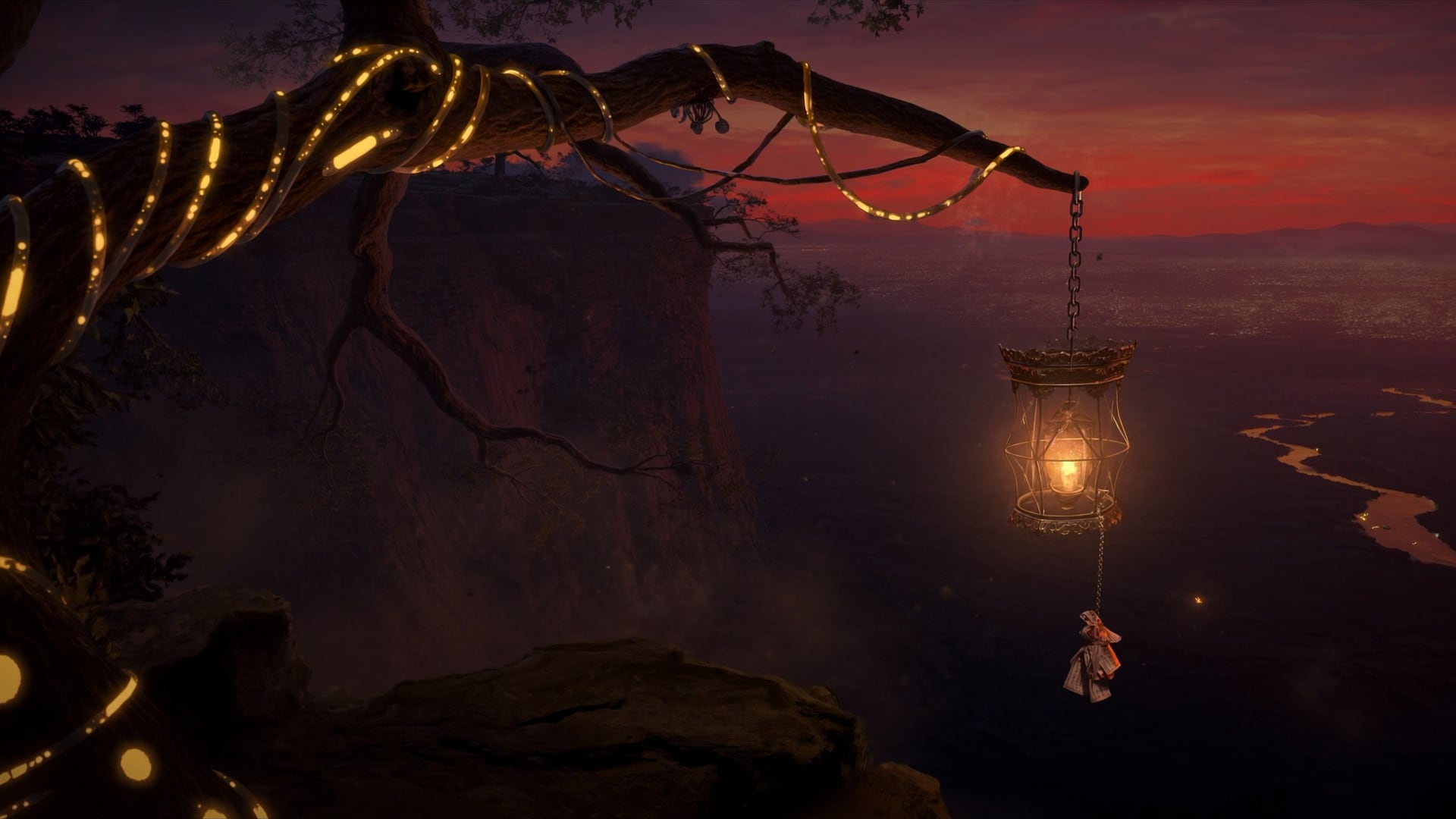 A brass lantern hanging on a chain from a long branch of the Tree over a cliff at deep dusk, its flame lit, with a river and distant city glittering across the valley below.