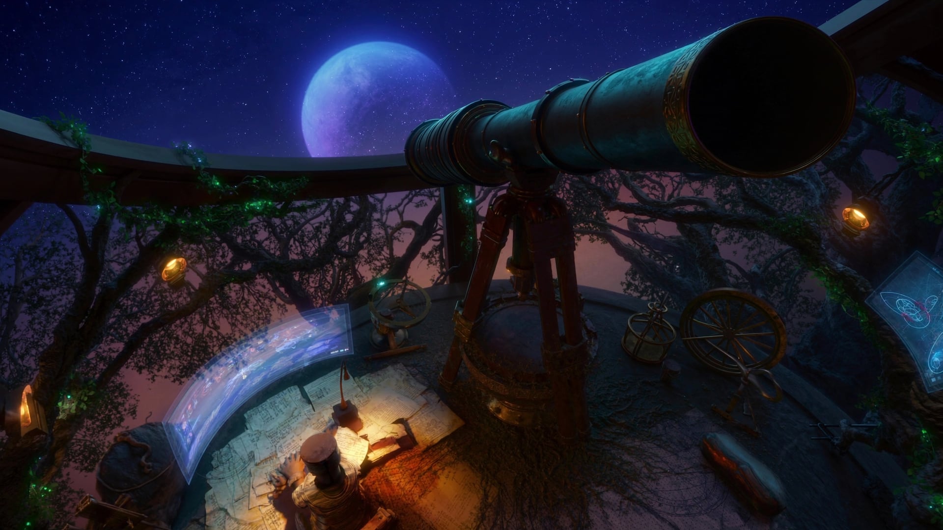 The interior of a domed observatory in the Tree, with a large brass telescope aimed at a rising moon through the open dome, charts and instruments below, lit by lanterns.