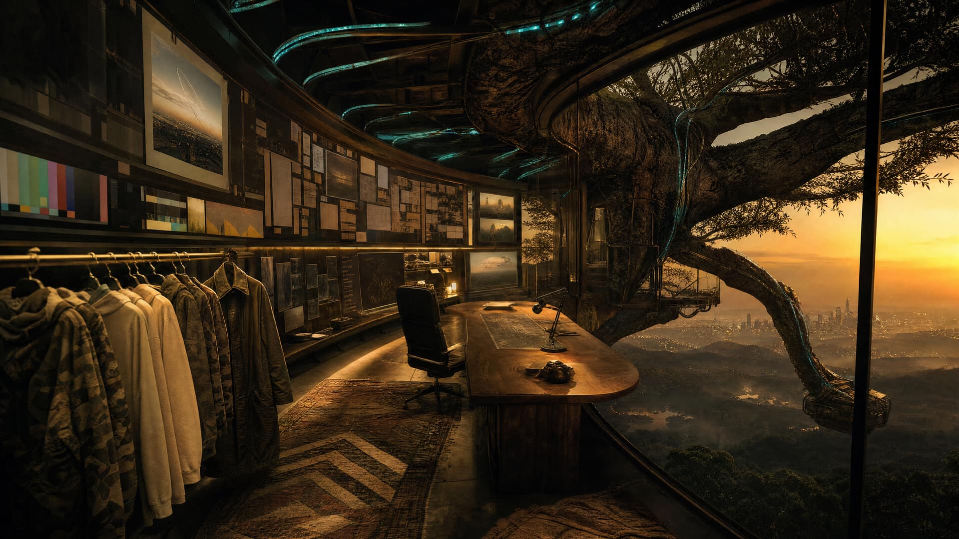 The interior of a glass-walled war room built into an outward branch of the Tree, seen from inside looking out. A curved wall of campaign boards and lit screens, a rail of hanging garments, and a wide desk with one empty chair turned toward the glass. Cabling sheathed in teal filament runs along the ceiling ribs and out into the branch, with a valley and a distant city glittering far below at dusk.