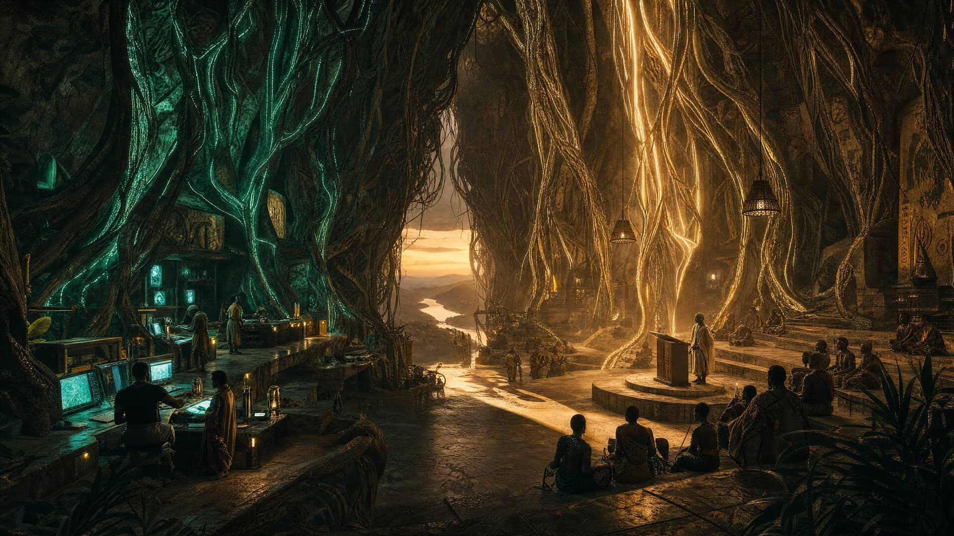 The interior of a vast cavern hollowed inside a cliff face, threaded floor to ceiling by colossal glowing tree roots. Teal-green veins light a gallery of terminals and workbenches on one side; champagne-gold veins light a tiered teaching floor with a lectern on the other. A river valley is visible through an opening at the far end at dusk.