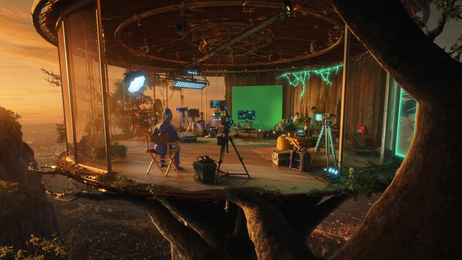 The interior of a circular film stage built into the Tree, with a green screen, a cinema camera on a tripod, lighting rigs overhead and a crew at work, the valley visible through the curved glass wall at sunset.